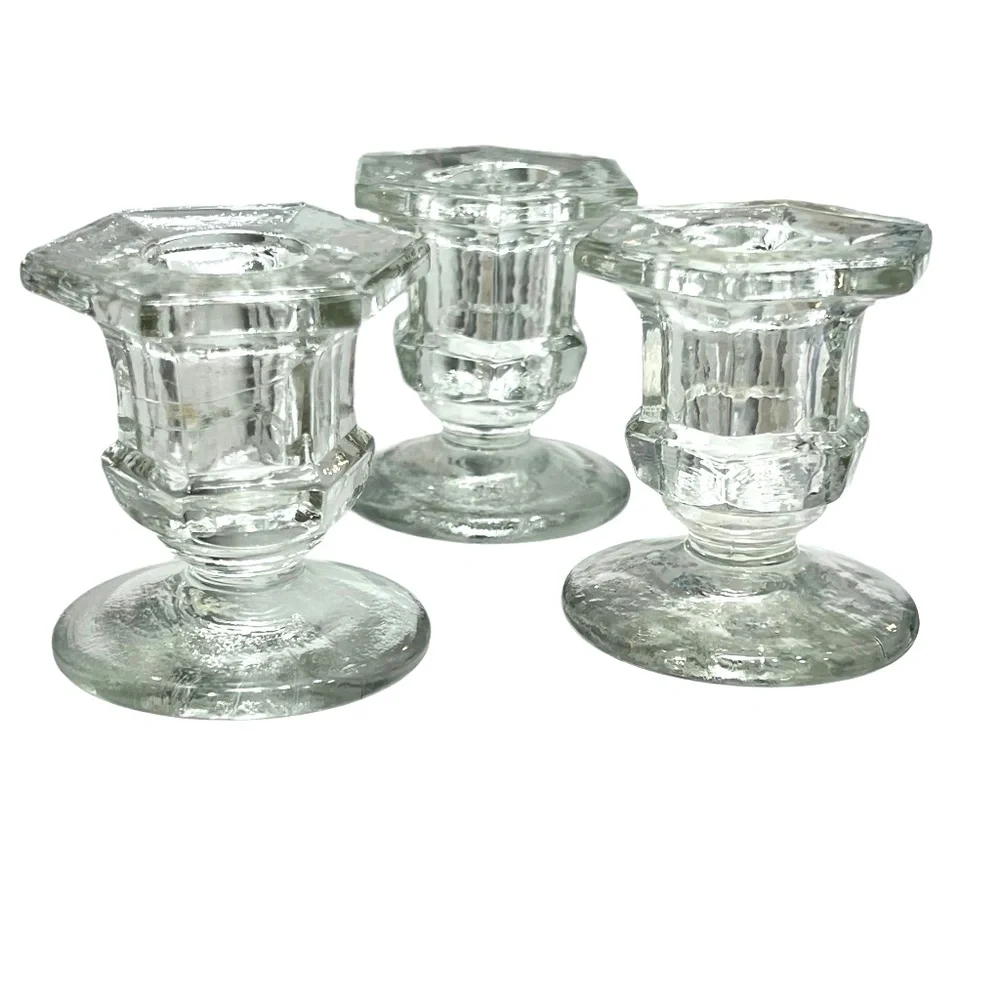 MOULDED/PRESSED CLEAR GLASS CANDLESTICKS - SET OF 3